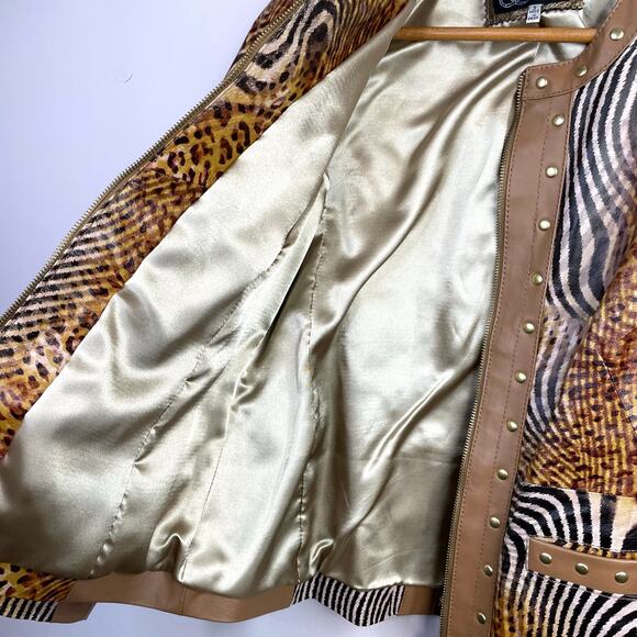 Sharif 1927 Tan Leather Mixed Animal Print Leather Mob Wife Moto Jacket womens S - Picture 7 of 14